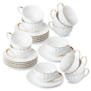 BTaT- White Tea Cups and Saucers Set of 12 (7 oz), Porcelain White Tea Cup Set of 12 with Golden Trim Design, Dishwasher Safe