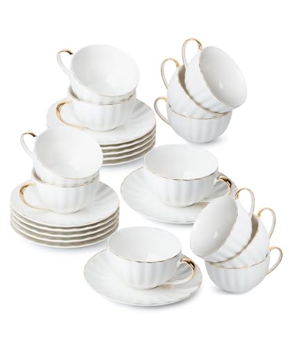 BTaT- White Tea Cups and Saucers Set of 12 (7 oz), Porcelain White Tea Cup Set of 12 with Golden Trim Design, Dishwasher Safe