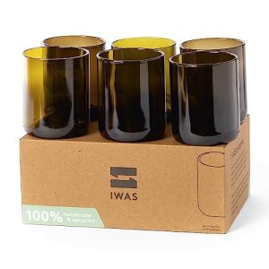 IWAS Upcycled Olive Drinking Glasses | 250 ML | 8.45 OZ | Set of 6 | Sustainable Water Glasses | Environmentally Friendly Dark