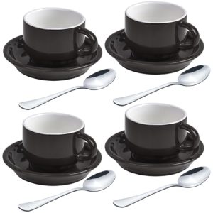 Premium Espresso Shot Cups and Saucers Set with Espresso Stainless Steel Spoons - 2.5 oz, Set of 4, Black