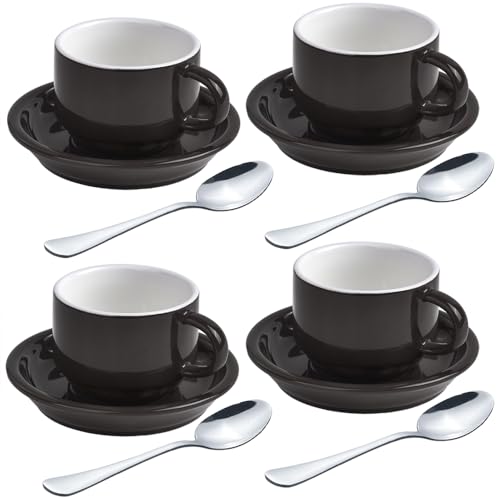 Premium Espresso Shot Cups and Saucers Set with Espresso Stainless Steel Spoons - 2.5 oz, Set of 4, Black