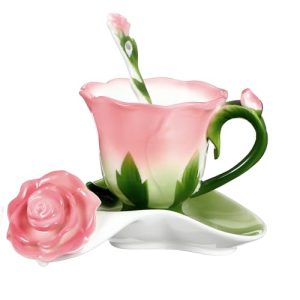 Flower Tea Cup and Saucer Set, 6 Oz Ceramic Rose Flower Coffee Cup with Spoon, Hand-Painted Cute Mug Gift for Women Birthday