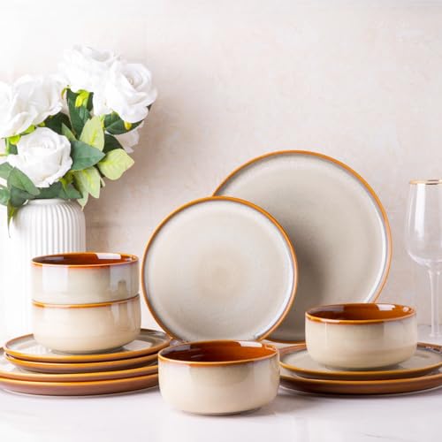 Ceramic Dinnerware Sets for 4,12-Piece Plates and Bowls,Handmade Reactive Glaze Dishes Set,Chip Resistant and Scratch Resistant