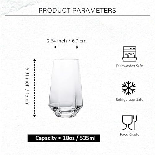 Tall Drinking Glasses - Water Glasses Set of 6-18 oz Highball Glass for Juice Macha - Cups for Kitchen, Dishwasher Safe
