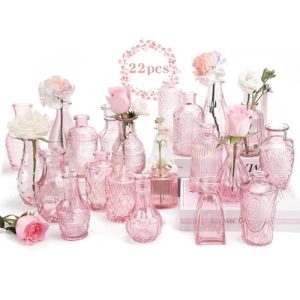 22 Pack Pink Flower Vase in Bulk,Mini Vintage Glass Bud Vases for Centerpieces,Wedding Decor,Party & Home Decaration,Mother's