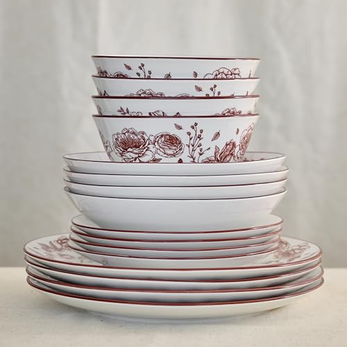 Esme 16-Piece Dinnerware Set Porcelain, Plates and Bowls Set, Dish Set for 4, Cereal and Pasta Bowls, Microwave and Dishwasher