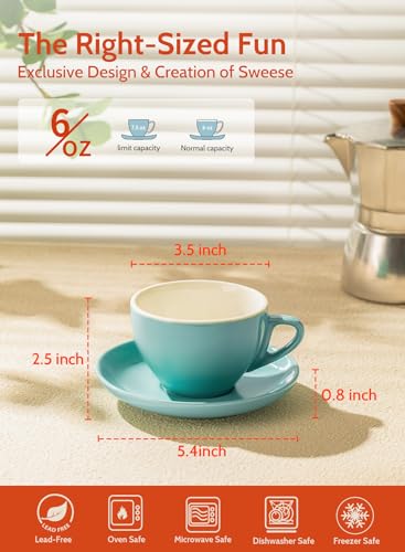 6 Ounce Cappuccino Cups with Saucers, Porcelain Double Espresso Cups Set of 6 - Hot Assorted Colors
