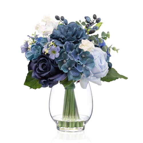 Fake Flowers in Vase with Fake Water, Realistic Faux Silk Blue Rose Hydrangea Artificial Flowers Indoor Arrangements Centerpiece