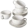 Cappuccino Cups with Saucers 6 oz, Ceramic Embossment Coffee Cup for Au Lait, Double shot, Latte, Cafe Mocha, Tea, Dishwasher