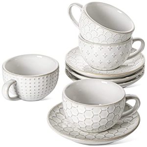 Cappuccino Cups with Saucers 6 oz, Ceramic Embossment Coffee Cup for Au Lait, Double shot, Latte, Cafe Mocha, Tea, Dishwasher