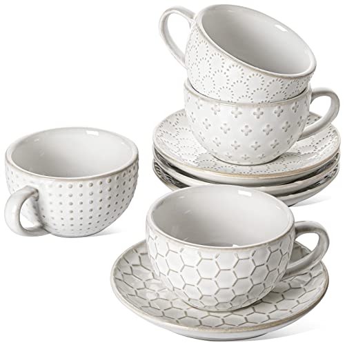 Cappuccino Cups with Saucers 6 oz, Ceramic Embossment Coffee Cup for Au Lait, Double shot, Latte, Cafe Mocha, Tea, Dishwasher