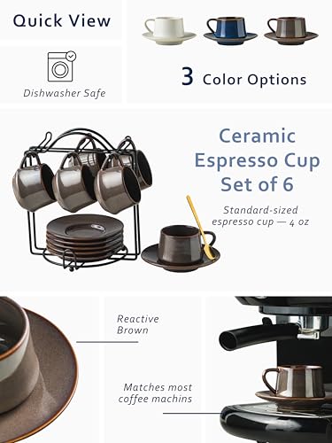 Espresso Cups 4 Oz, Porcelain Coffee Cups Set of 6 Espresso Cup with Saucers, Meatal Stand, and Stir Spoons, Brown Expresso