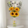 Fake Sunflowers with Hand-Painted Vase,16" Artificial Flowers in Small Ceramic Vase,Silk Flower Eucalyptus Bouquet Faux