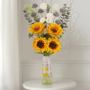 Fake Sunflowers with Hand-Painted Vase,16" Artificial Flowers in Small Ceramic Vase,Silk Flower Eucalyptus Bouquet Faux