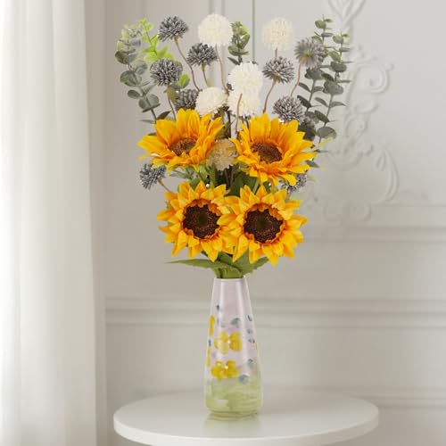 Fake Sunflowers with Hand-Painted Vase,16" Artificial Flowers in Small Ceramic Vase,Silk Flower Eucalyptus Bouquet Faux
