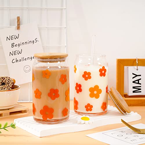 2Pcs Groovy Retro Hippie Flower Drinking Glasses with Bamboo Lids and Straw 16oz Yellow Orange Daisy Flower Ice Coffee Cup Beer