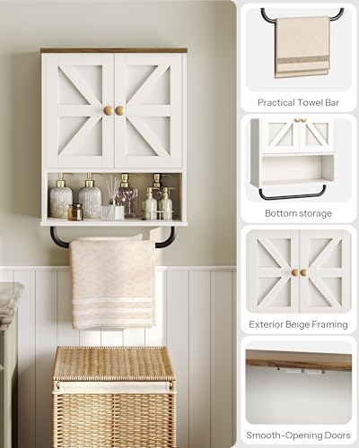 Bathroom Wall Cabinet, Medicine Cabinet with Open Partition and Towel Bar, Rustic Storage Cabinet with Open and Hidden Storage