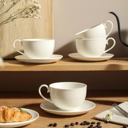 10 oz Cappuccino Cups with Saucers - Ceramic Espresso Coffee Cups Set of 4, White Tea Mugs and Saucer, Latte Mugs Set, Microwave