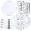 350PCS Silver Plastic Plates - Silver Plastic Dinnerware Sets for 50 Guests - 100 Disposable Plates, 150 Silverware, 50 Cups, 50