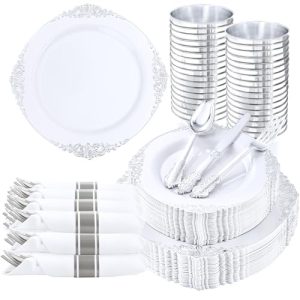 350PCS Silver Plastic Plates - Silver Plastic Dinnerware Sets for 50 Guests - 100 Disposable Plates, 150 Silverware, 50 Cups, 50