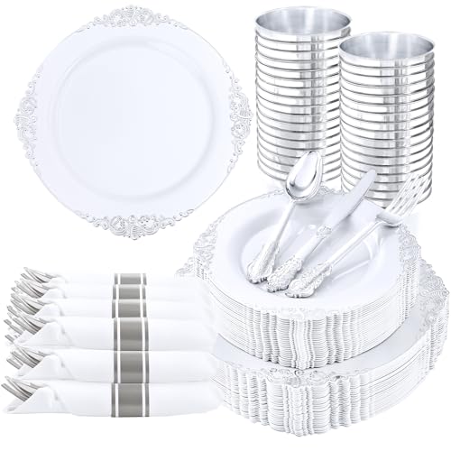 350PCS Silver Plastic Plates - Silver Plastic Dinnerware Sets for 50 Guests - 100 Disposable Plates, 150 Silverware, 50 Cups, 50