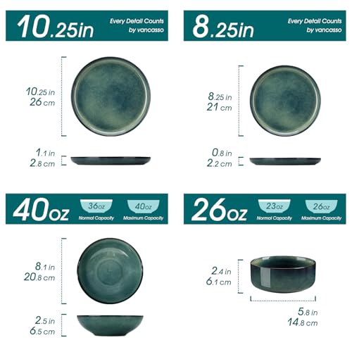 Starry Plates and Bowls Sets for 6, 24 Pieces Dinnerware Sets, Green Reactive Glaze Dishes Sets for Kitchen, Scratch Resistant