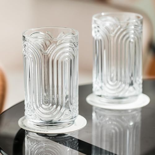 INSETLAN Set of 6 Vintage Glassware - 14 oz Water Drinking Glasses, Art Deco Ripple Glass Cup, Cocktail Glasses, for Bar