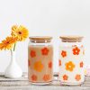 2Pcs Groovy Retro Hippie Flower Drinking Glasses with Bamboo Lids and Straw 16oz Yellow Orange Daisy Flower Ice Coffee Cup Beer