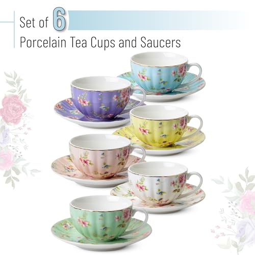 BTaT- Floral Tea Cups and Saucers Set of 6 (7 oz), Porcelain Tea Cups Set of 6, Pastel Bloom Design with Gold Trim, Dishwasher &