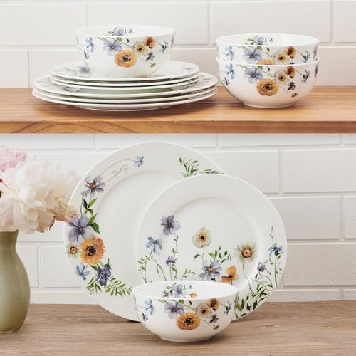 Audrina Water Color Flowers Bone China Lightweight Chip Resistant 12 Piece Dinnerware Set, Service for 4, White