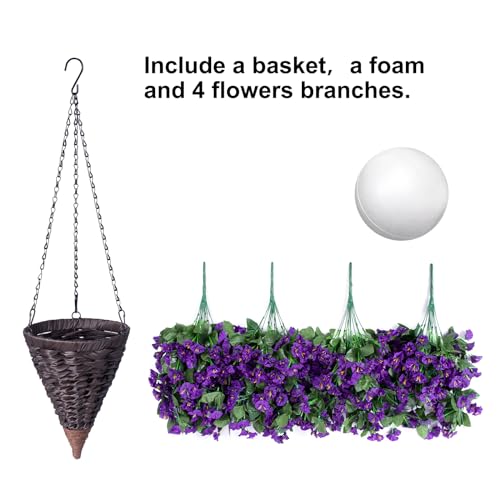 Artificial Faux Hanging Flowers Plants Basket for Spring Summer Outdoor Porch Decor, Fake Silk Purple Morning Glory Long Vine in