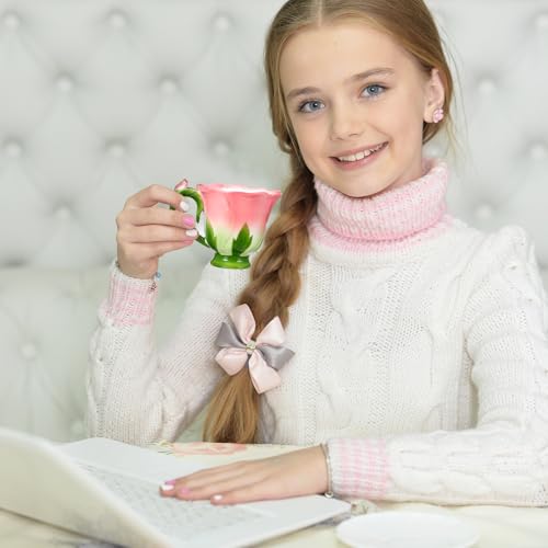 Flower Tea Cup and Saucer Set, 6 Oz Ceramic Rose Flower Coffee Cup with Spoon, Hand-Painted Cute Mug Gift for Women Birthday