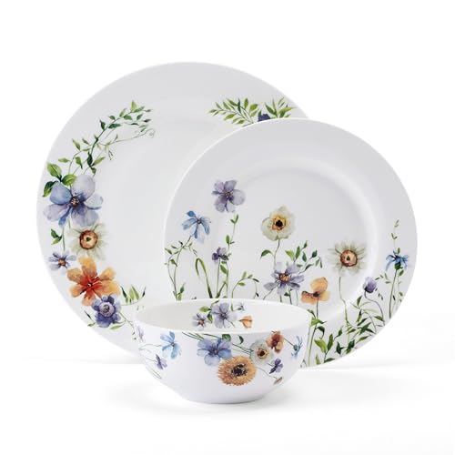 Audrina Water Color Flowers Bone China Lightweight Chip Resistant 12 Piece Dinnerware Set, Service for 4, White