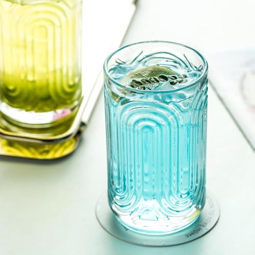 INSETLAN Set of 6 Vintage Glassware - 14 oz Water Drinking Glasses, Art Deco Ripple Glass Cup, Cocktail Glasses, for Bar
