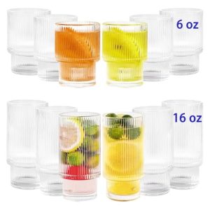 Ribbed Glasses Drinking Glassware - Set of 12 Vintage Cute Cocktail Cups - 6 Pcs Ripple Rluted Aesthetic Drinkware 16 oz & 6 Pcs