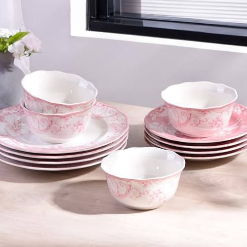 Adelaide Blush 12-Piece Pink Porcelain Dinnerware Set – Service for 4, Plate & Bowl Set, White with Pink Floral Pattern, for
