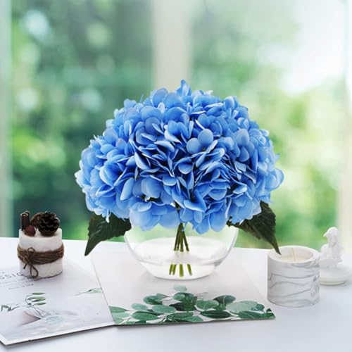 Hydrangea Fake Flowers in Vase, Silk Flowers in Vase with Faux Water for Home Decor Indoor (Blue)
