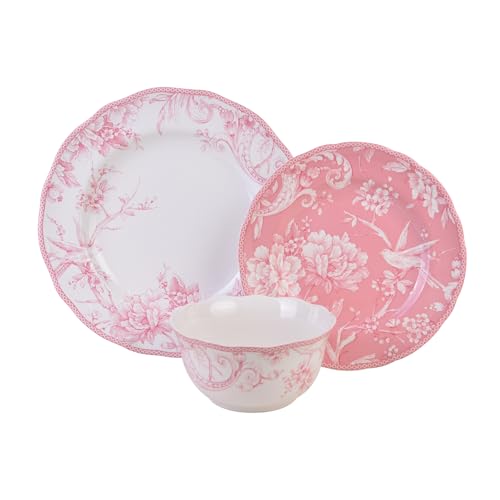 Adelaide Blush 12-Piece Pink Porcelain Dinnerware Set – Service for 4, Plate & Bowl Set, White with Pink Floral Pattern, for