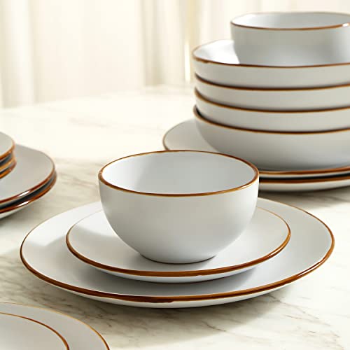 Brasa Modern Stoneware 16 Piece Dinnerware Sets, Plates and bowls Sets, Dish Set for 4, White