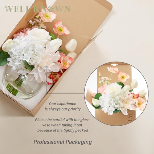 Artificial Flowers in Vase for Seasonal Decor, Mixed White Tulips & Pink Silk Fake Flowers Bouquet Arrangements in Glass Vase