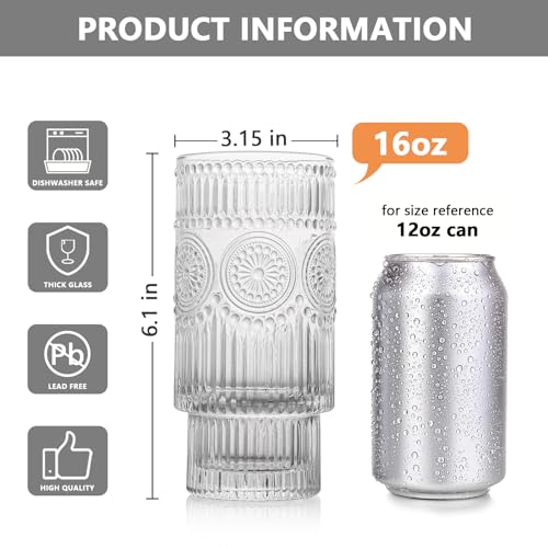 4 Pack Large 16oz Ribbed Glassware Set, Flower Design Stackable Glass Cups, Vintage Textured Clear Striped Drinking Glasses Set,