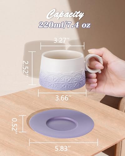 7.3 Ounce Cappuccino Cups Set of 2, Artistic Embossed Ceramic Cappuccino Mugs and Saucers, Double Espresso Cups Set of 4 for Au