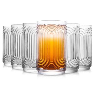 INSETLAN Set of 6 Vintage Glassware - 14 oz Water Drinking Glasses, Art Deco Ripple Glass Cup, Cocktail Glasses, for Bar