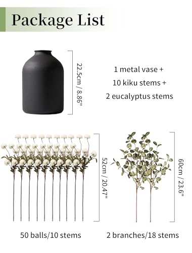 Fake Flowers in Vase for Centerpieces: Metal Vase with 12 Stems of Artificial Kiku Flowers Eucalyptuses Home Table Decor - White