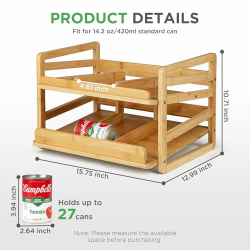 Bamboo Rolling Can Organizer Rack, Stackable 2 Tier Canned Food Organizer Rack for Storage, Kitchen Cabinet, Can Holders
