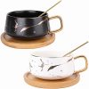 2 Pack Ceramic Tea Coffee Cup, 10 OZ Coffee Mug with 304 Stainless Steel Spoon and Bamboo Saucer, Marble Espresso Cups for
