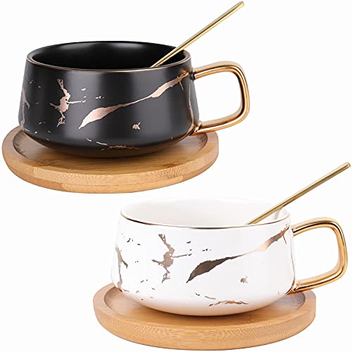 2 Pack Ceramic Tea Coffee Cup, 10 OZ Coffee Mug with 304 Stainless Steel Spoon and Bamboo Saucer, Marble Espresso Cups for