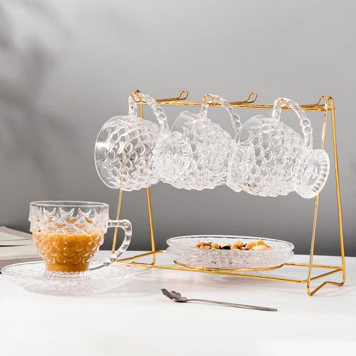 Glass Tea Cups and Saucers Set of 6 - Fish Scale Coffee Mugs - Teacups Set for Espresso Cappuccino Latte Tea - Dishwasher