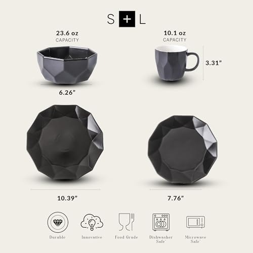 Stone + Lain Jamie Porcelain 16-Piece Geometric Dinnerware Set, Black