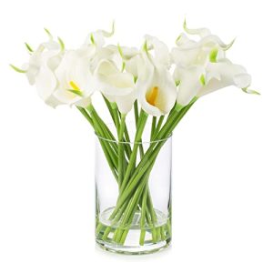 20 Pieces Artificial Real Touch Lilies Flower Arrangement in Glass Vase with Faux Water for Home Decoration (White)